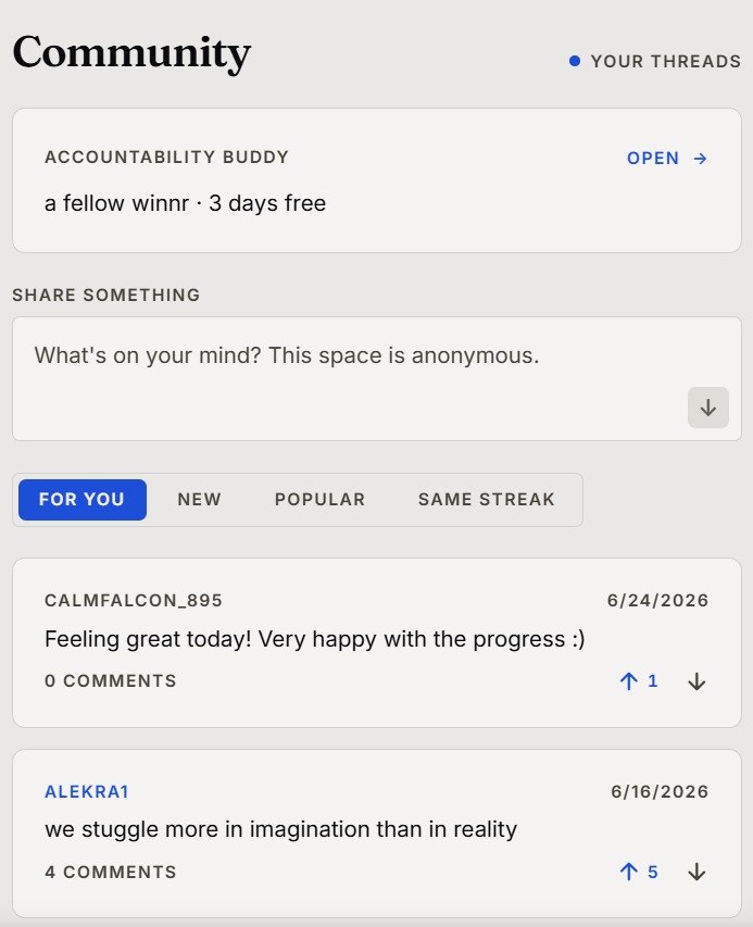 The WINNR community screen: an accountability buddy at the top, an anonymous box to share something, and posts from other members.