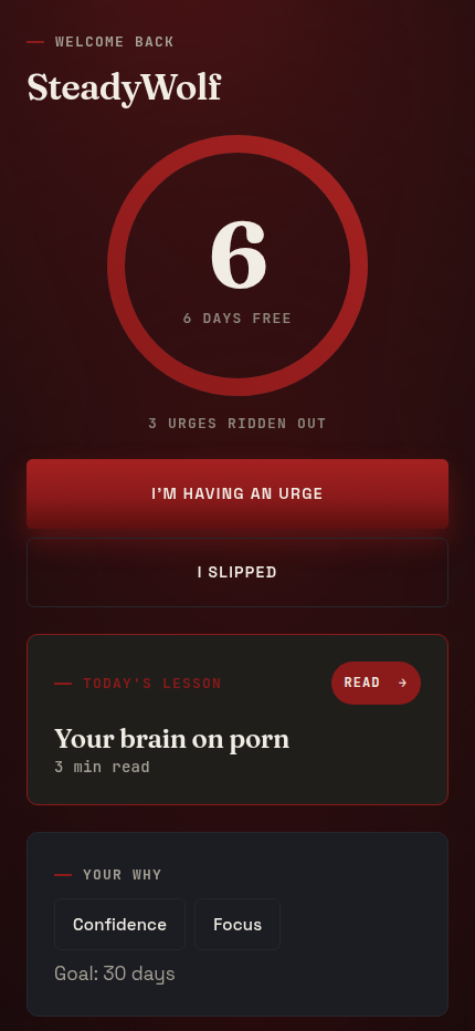 The WINNR home screen in dark theme showing six days free.