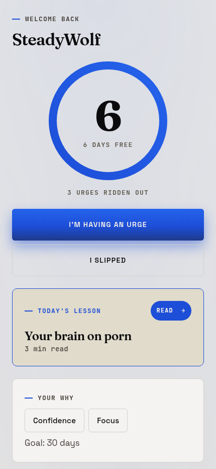 The WINNR home screen showing six days free.